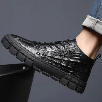 Patrón de cocodrilo Botas de Tobillo para Hombre de la Moda de cordones Masculinos Básica Botas de Cuero Cómodo al aire libre Zapatillas hechas a Mano Casual Zapatos de Senderismo