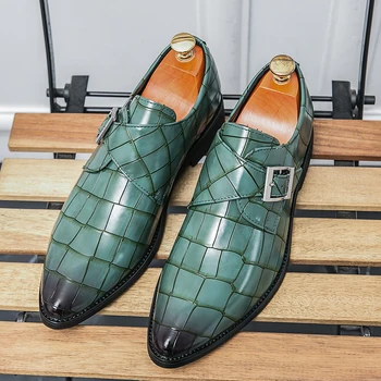 Hombre de Negocios Zapatos de la Carrera de Clásicos de la Fiesta de la Oficina Punta del Dedo del pie de la Boda Formal de Encaje hasta Zapatos de Cuero Verde