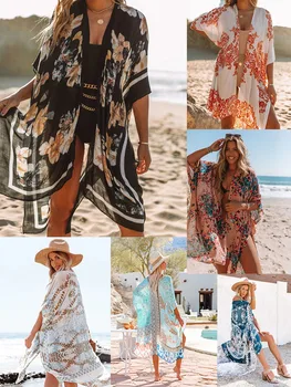 Kimonos De Mujer De Verano De 2023 Duración Media De Impresión Pareo De Playa Cubierta De Ups Para Las Mujeres Ranuras De Gasa Vestido De Fiesta Estilo De Vestido De Playa