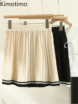 Kimotimo Estilo Colegio de Punto Plisado de la Falda de las Mujeres 2023 Nuevo Delgada Cintura Alta colores combinados Mini Faldas coreano de Hadas de Una línea de Faldas